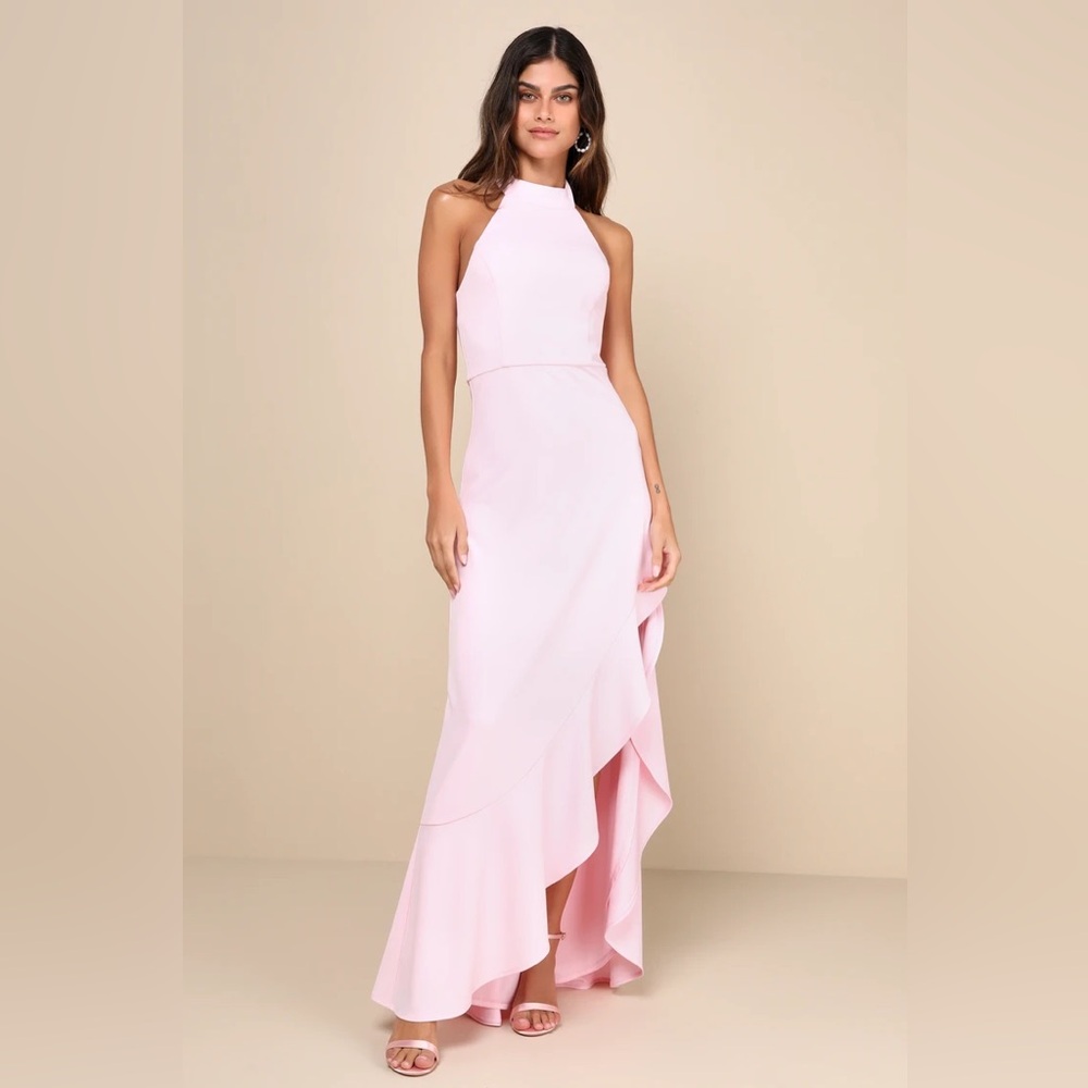 Lulus - Majestic Perfection Light Pink Ruffled Halter Maxi Dress - Small